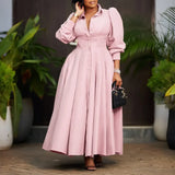 Elegant Shirt Dresses Women Turn Down Collar Long Puff Sleeve Light Pink / S