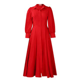 Elegant Shirt Dresses Women Turn Down Collar Long Puff Sleeve Red / S