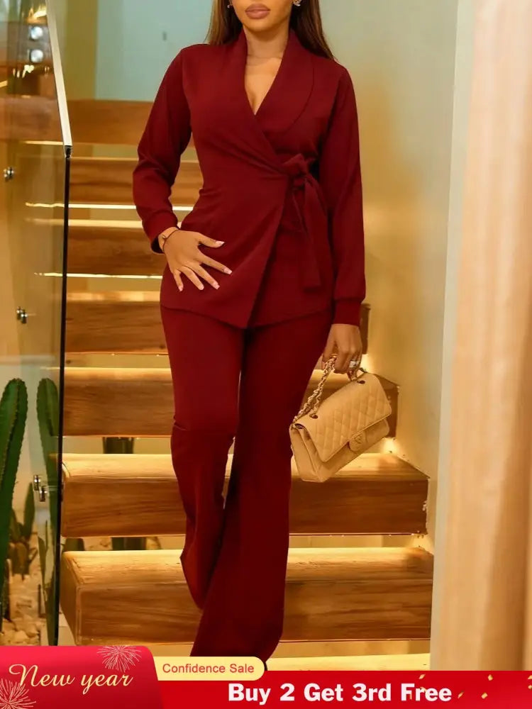 Elegant Two Piece Set Women Notched Lapel Lace Up Tops Full Length Flare Pants