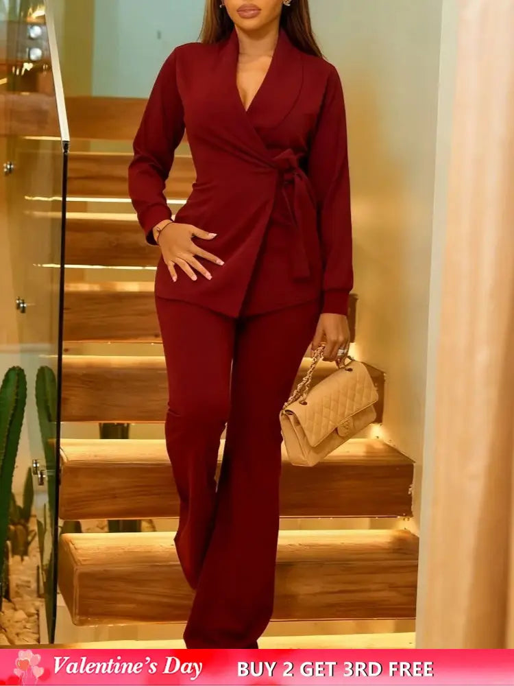 Elegant Two Piece Set Women Notched Lapel Lace Up Tops Full Length Flare Pants