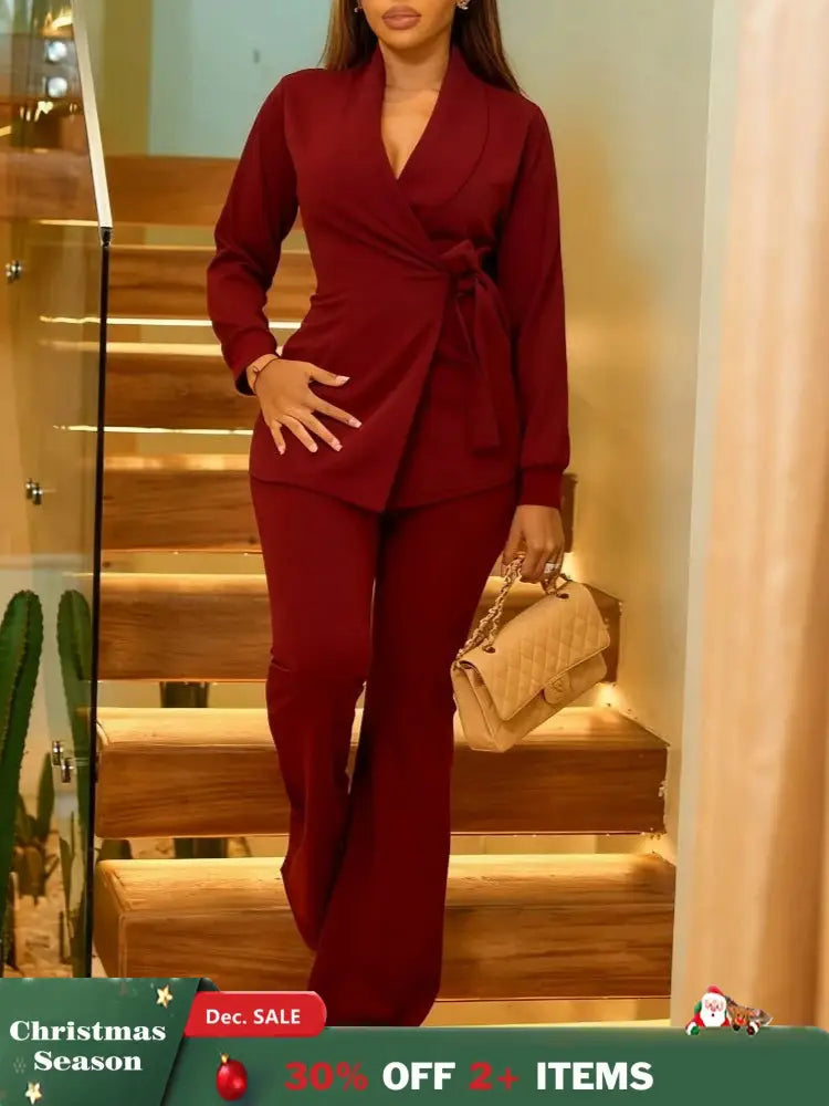 Elegant Two Piece Set Women Notched Lapel Lace Up Tops Full Length Flare Pants