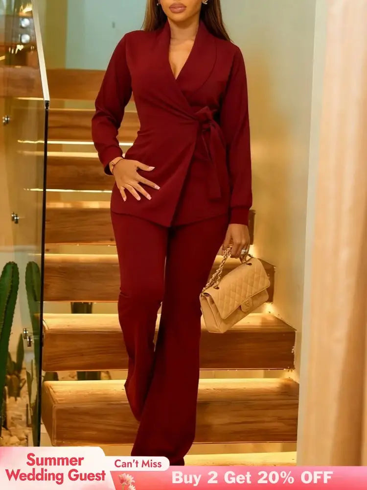 Elegant Two Piece Set Women Notched Lapel Lace Up Tops Full Length Flare Pants
