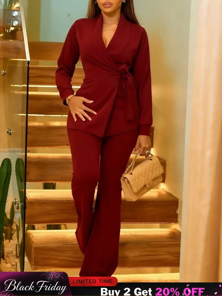 Elegant Two Piece Set Women Notched Lapel Lace Up Tops Full Length Flare Pants