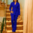 Elegant Two Piece Set Women Notched Lapel Lace Up Tops Full Length Flare Pants Blue / S