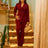 Elegant Two Piece Set Women Notched Lapel Lace Up Tops Full Length Flare Pants Wine / S