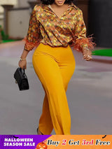 Elegant Two Pieces Set Printed Blouse Tops Long Sleeves with Feather High Waist Pants