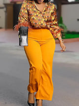 Elegant Two Pieces Set Printed Blouse Tops Long Sleeves with Feather High Waist Pants