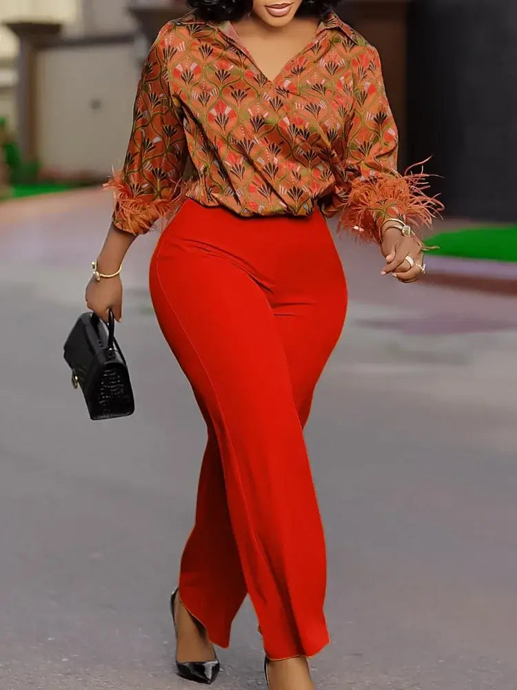 Elegant Two Pieces Set Printed Blouse Tops Long Sleeves with Feather High Waist Pants