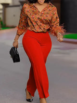 Elegant Two Pieces Set Printed Blouse Tops Long Sleeves with Feather High Waist Pants