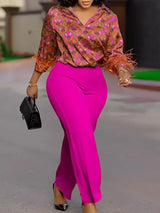 Elegant Two Pieces Set Printed Blouse Tops Long Sleeves with Feather High Waist Pants