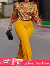 Elegant Two Pieces Set Printed Blouse Tops Long Sleeves with Feather High Waist Pants