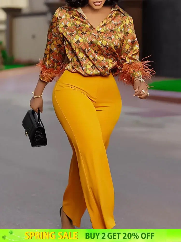 Elegant Two Pieces Set Printed Blouse Tops Long Sleeves with Feather High Waist Pants