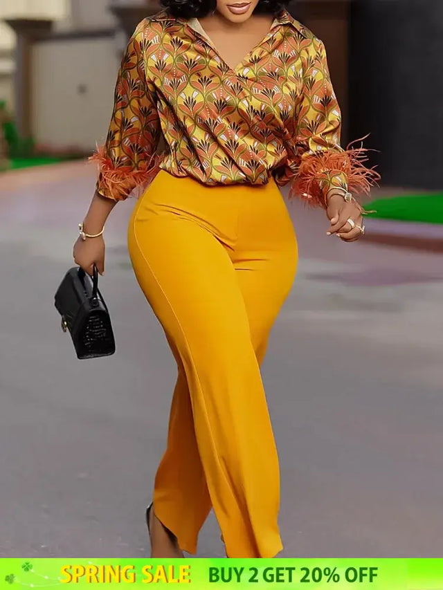 Elegant Two Pieces Set Printed Blouse Tops Long Sleeves with Feather High Waist Pants