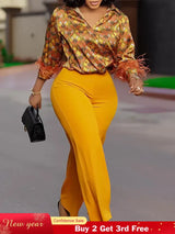 Elegant Two Pieces Set Printed Blouse Tops Long Sleeves with Feather High Waist Pants