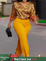 Elegant Two Pieces Set Printed Blouse Tops Long Sleeves with Feather High Waist Pants