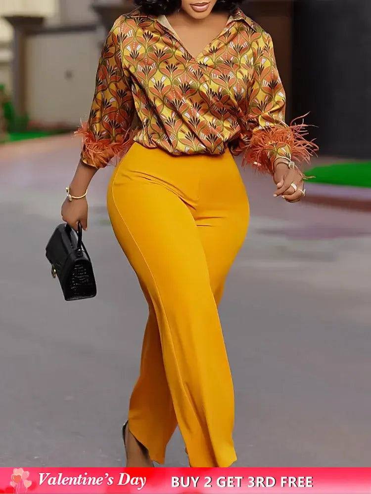 Elegant Two Pieces Set Printed Blouse Tops Long Sleeves with Feather High Waist Pants