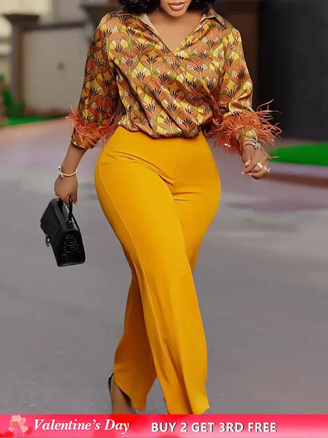 Elegant Two Pieces Set Printed Blouse Tops Long Sleeves with Feather High Waist Pants