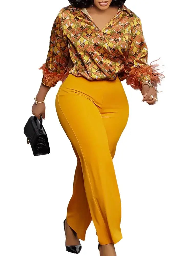 Elegant Two Pieces Set Printed Blouse Tops Long Sleeves with Feather High Waist Pants