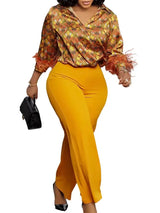 Elegant Two Pieces Set Printed Blouse Tops Long Sleeves with Feather High Waist Pants