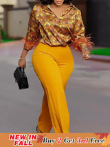 Elegant Two Pieces Set Printed Blouse Tops Long Sleeves with Feather High Waist Pants