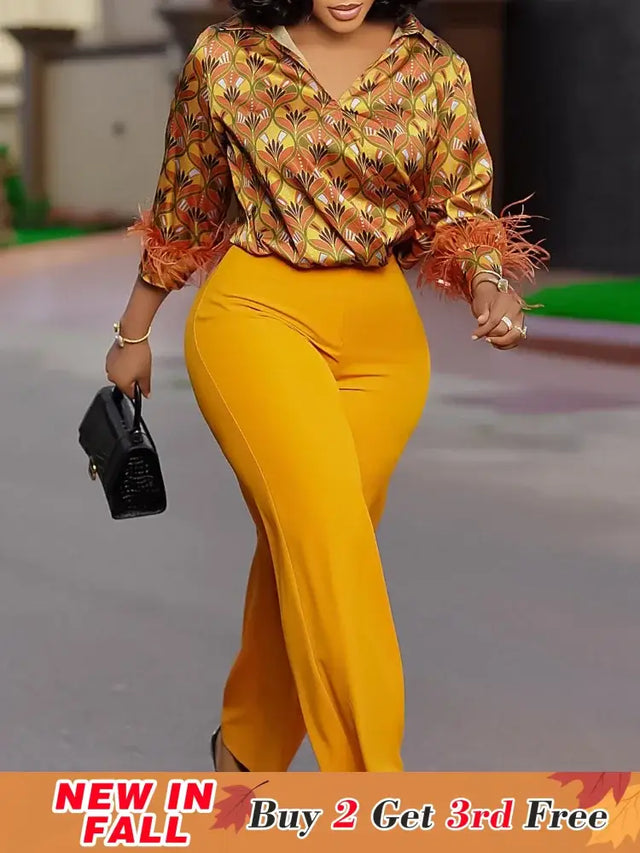 Elegant Two Pieces Set Printed Blouse Tops Long Sleeves with Feather High Waist Pants