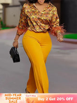 Elegant Two Pieces Set Printed Blouse Tops Long Sleeves with Feather High Waist Pants