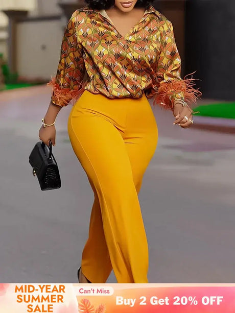 Elegant Two Pieces Set Printed Blouse Tops Long Sleeves with Feather High Waist Pants