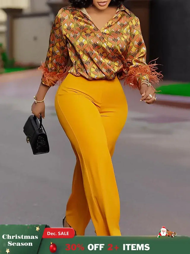 Elegant Two Pieces Set Printed Blouse Tops Long Sleeves with Feather High Waist Pants