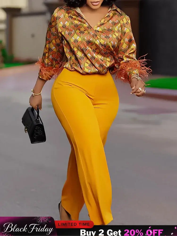 Elegant Two Pieces Set Printed Blouse Tops Long Sleeves with Feather High Waist Pants