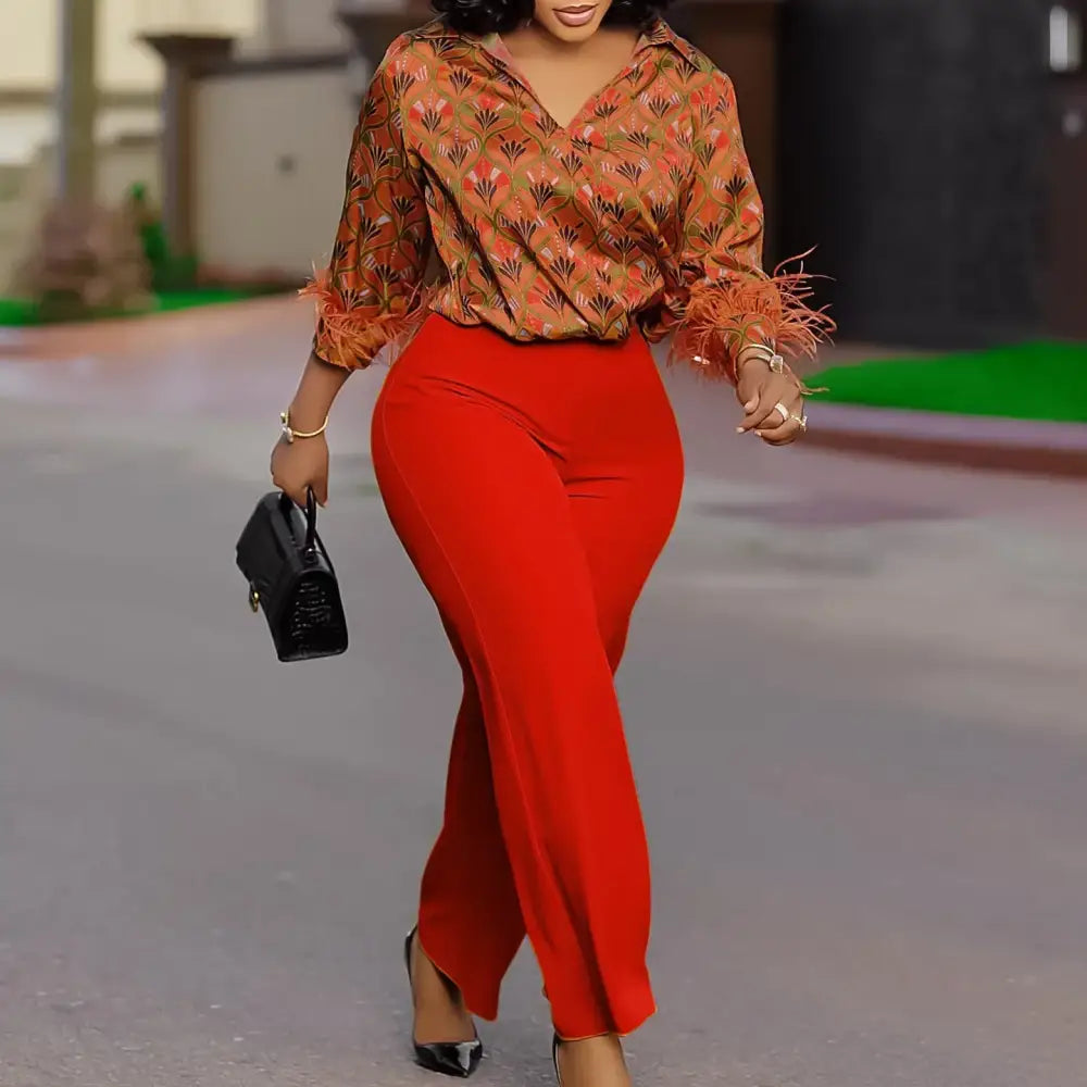 Elegant Two Pieces Set Printed Blouse Tops Long Sleeves with Feather High Waist Pants ORANGE RED / S