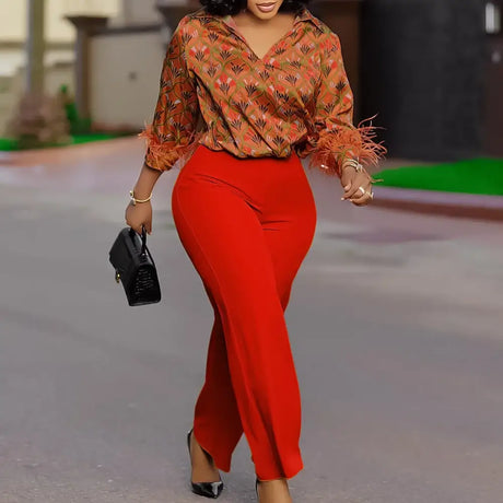 Elegant Two Pieces Set Printed Blouse Tops Long Sleeves with Feather High Waist Pants ORANGE RED / S