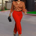 Elegant Two Pieces Set Printed Blouse Tops Long Sleeves with Feather High Waist Pants ORANGE RED / S