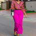 Elegant Two Pieces Set Printed Blouse Tops Long Sleeves with Feather High Waist Pants Rose Red / S