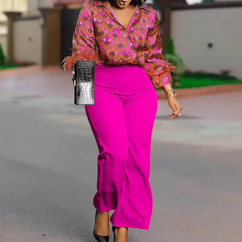 Elegant Two Pieces Set Printed Blouse Tops Long Sleeves with Feather High Waist Pants Rose Red / S