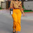 Elegant Two Pieces Set Printed Blouse Tops Long Sleeves with Feather High Waist Pants Yellow / S