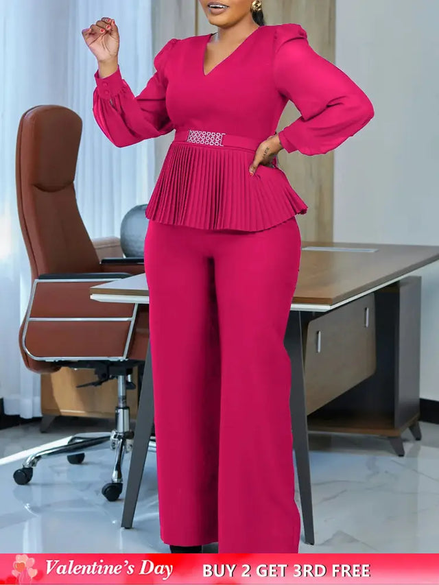 Elegant Two Pieces Set Women V Neck Waist Belt Peplum Belly Cover Full Wide Leg Pants