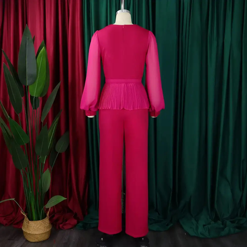 Elegant Two Pieces Set Women V Neck Waist Belt Peplum Belly Cover Full Wide Leg Pants