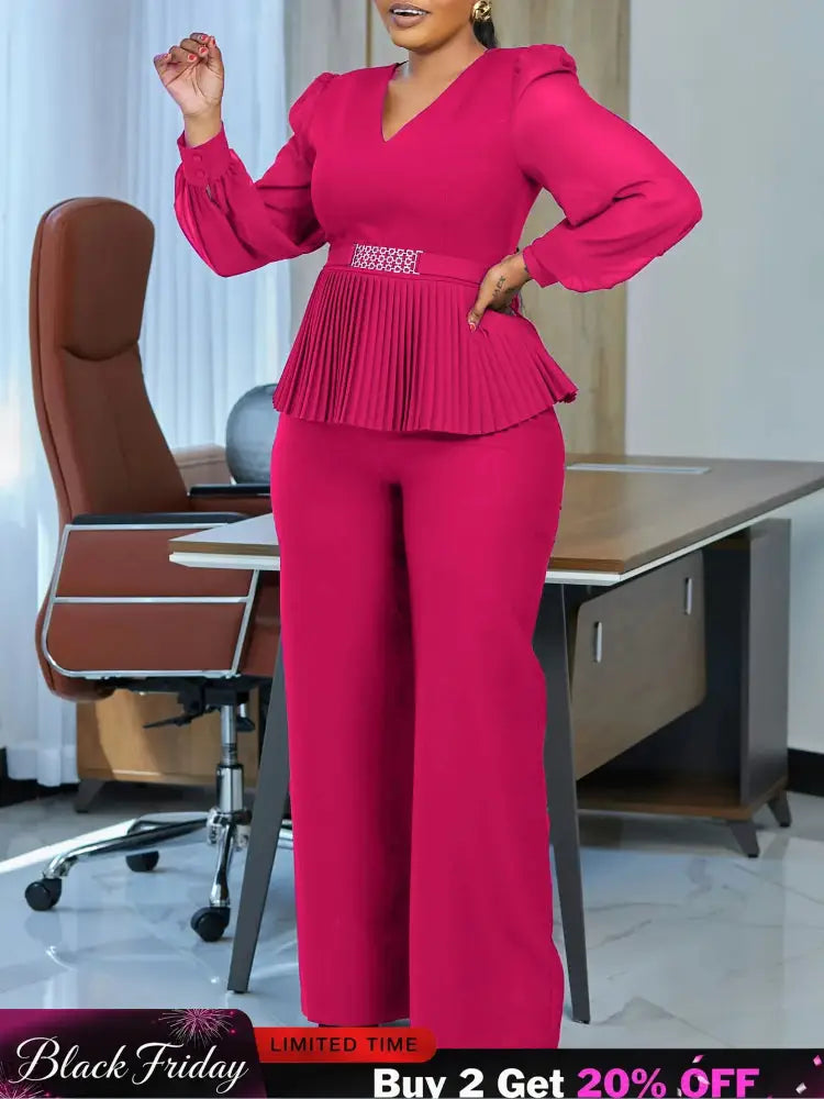 Elegant Two Pieces Set Women V Neck Waist Belt Peplum Belly Cover Full Wide Leg Pants
