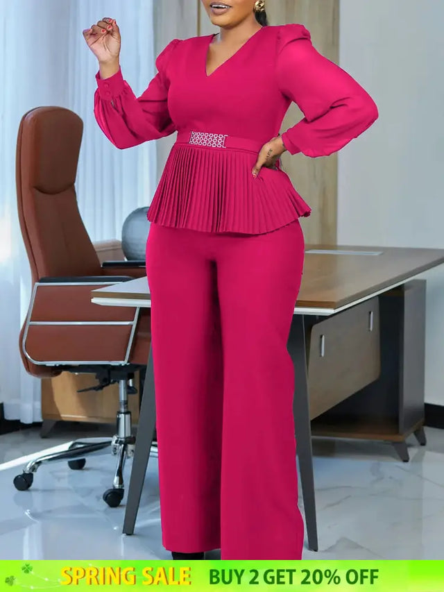 Elegant Two Pieces Set Women V Neck Waist Belt Peplum Belly Cover Full Wide Leg Pants