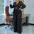 Elegant Two Pieces Set Women V Neck Waist Belt Peplum Belly Cover Full Wide Leg Pants Black / S