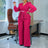 Elegant Two Pieces Set Women V Neck Waist Belt Peplum Belly Cover Full Wide Leg Pants Rose Red / S