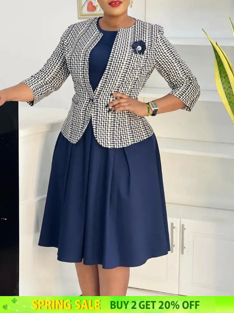 Elegant Women 2 Pieces Set O Neck 3/4 Plaid Coat Tank Pleated A Line Dresses