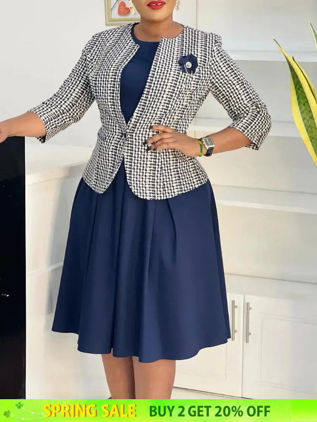 Elegant Women 2 Pieces Set O Neck 3/4 Plaid Coat Tank Pleated A Line Dresses