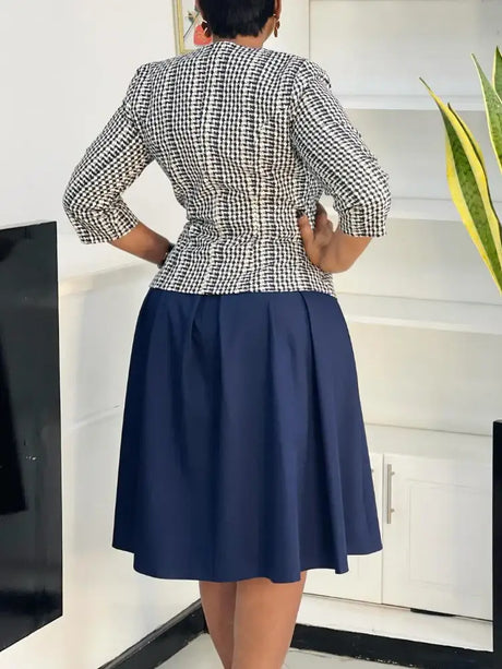 Elegant Women 2 Pieces Set O Neck 3/4 Plaid Coat Tank Pleated A Line Dresses