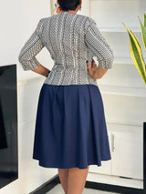 Elegant Women 2 Pieces Set O Neck 3/4 Plaid Coat Tank Pleated A Line Dresses