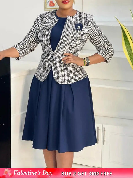 Elegant Women 2 Pieces Set O Neck 3/4 Plaid Coat Tank Pleated A Line Dresses