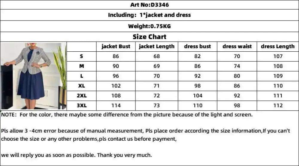 Elegant Women 2 Pieces Set O Neck 3/4 Plaid Coat Tank Pleated A Line Dresses