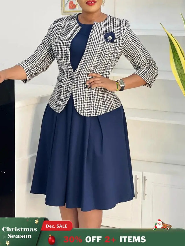 Elegant Women 2 Pieces Set O Neck 3/4 Plaid Coat Tank Pleated A Line Dresses