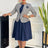 Elegant Women 2 Pieces Set O Neck 3/4 Plaid Coat Tank Pleated A Line Dresses Navy / S