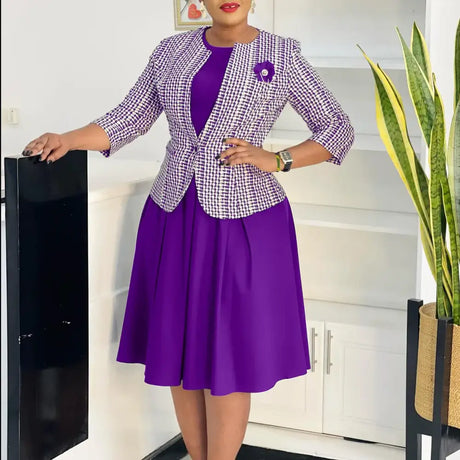 Elegant Women 2 Pieces Set O Neck 3/4 Plaid Coat Tank Pleated A Line Dresses Purple / S